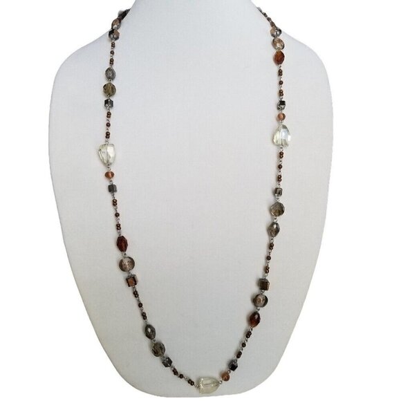 Premier Designs 42" Beaded Necklace Neutrals Silver Tone Signed Long Versatile - Picture 1 of 8